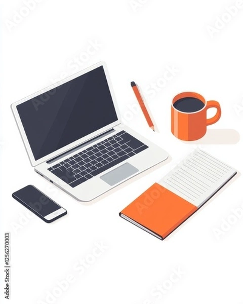 Fototapeta Isometric Workspace: Laptop, Smartphone, Notebook, Coffee Mug, and Pen on White Background for Digital Productivity