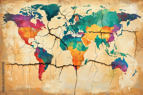 Obraz colorful world map with cracks forming, symbolizing division and change. vibrant colors represent different regions, while cracks add sense of urgency and transformation