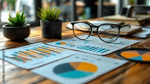 Fototapeta Business workspace with graphs and charts, glasses, and plants on a wooden table
