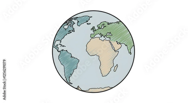 Fototapeta Globe Earth Drawing with Continents and Ocean Color Illustration. Generative AI