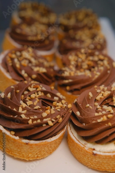 Fototapeta chocolate tart crushed peanut topping in buttery shortcrust pastry basket on white plate placed on counter perfect for dessert lovers indulgent treat rich texture sweet pastry close up festive
