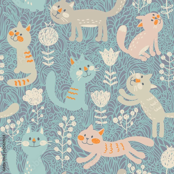 Fototapeta Seamless pattern in vector with cats