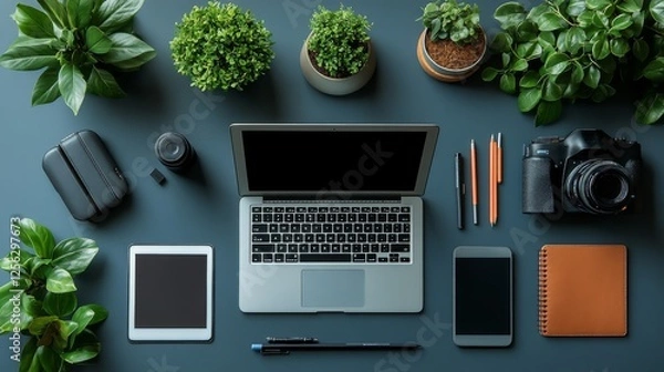 Fototapeta Workspace Elegance: Top-Down View of Tech Gadgets, Camera, and Botanical Accents on a Modern Desk, Ideal for Creative Professionals and Remote Work.
