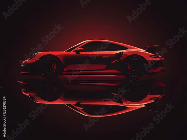 Fototapeta Sports car in red color with reflection. Neural network AI generated art