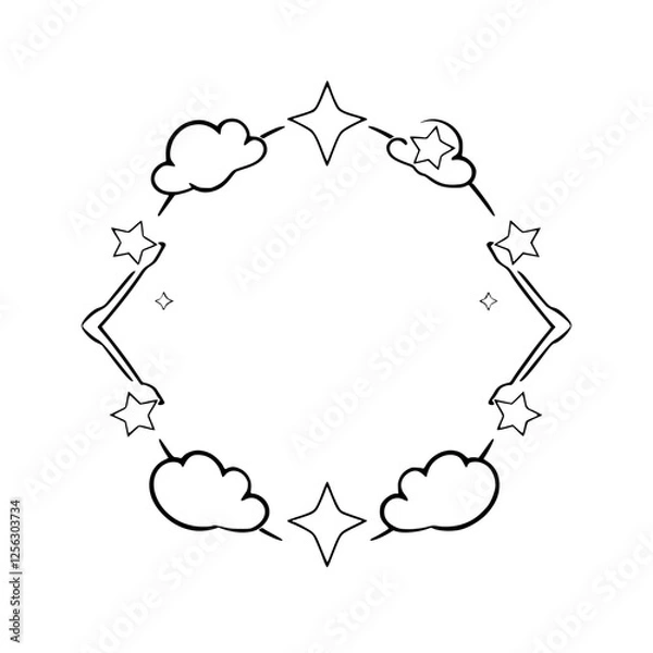 Fototapeta Simple black and white illustration of an octagonal frame decorated with clouds, stars and a minimalist style.