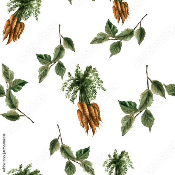 Obraz Watercolor seamless background from the vegetable garden with carrots and greens.
