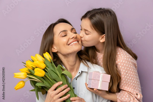 Obraz mom and daughter A joyful mother receives a kiss from her daughter while holding yellow tulips and a gift, set against a soft purple background.