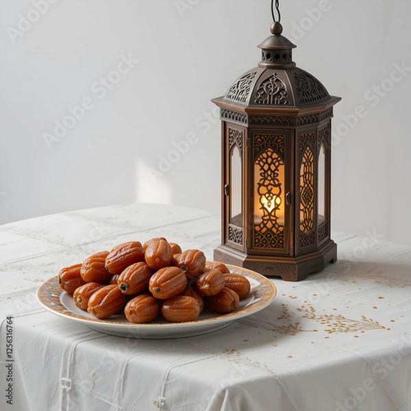 Fototapeta Sweet dates and ornate lantern festive ramadan table setting eid food gold on transparent background