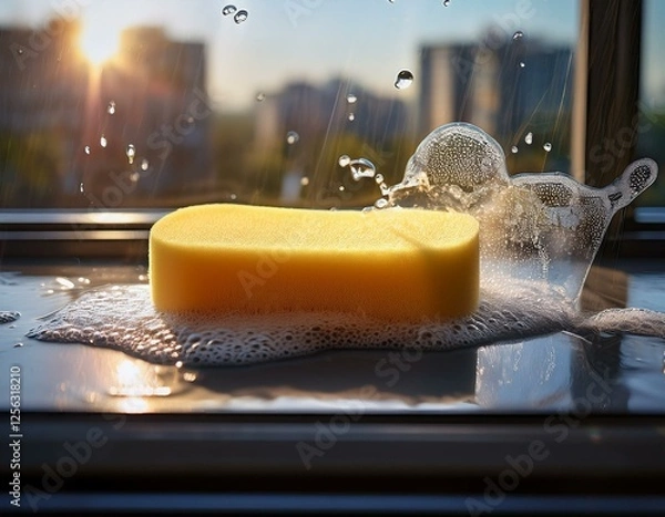 Obraz Soapy Sponge Cleaning a Large Window with Foam and Water Droplets