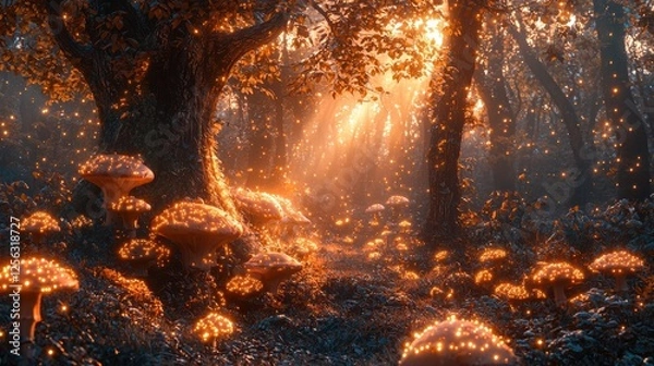 Fototapeta Enchanted Forest with Glowing Mushrooms