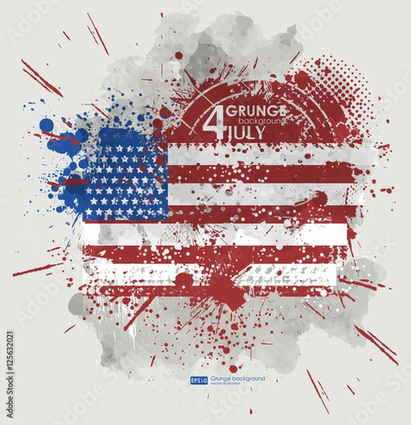 Fototapeta July fourth. Grunge background vector. Grunge print for t-shirt. Abstract dirt backgrounds texture. Grunge banner with an inky dribble strip with copy space. Background Grunge American flag for party