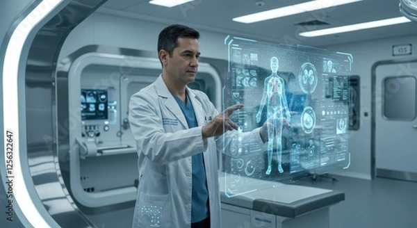 Fototapeta Futuristic doctor using transparent digital screen showing medical data for advanced healthcare technology