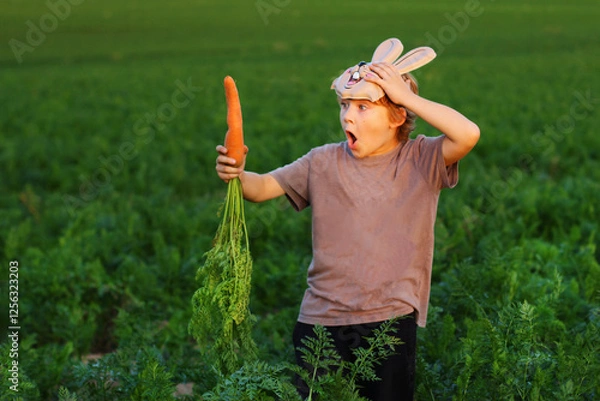 Fototapeta A child in a rabbit mask in a field with a torn carrot. the destruction of vegetable gardens and farms. humor