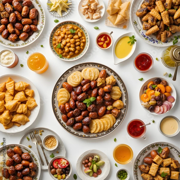 Fototapeta Delicious festive middle eastern food platter with dates and sweets top on transparent background