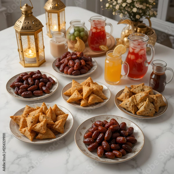 Fototapeta Delicious ramadan iftar feast dates samosas festive table setting food on transparent background