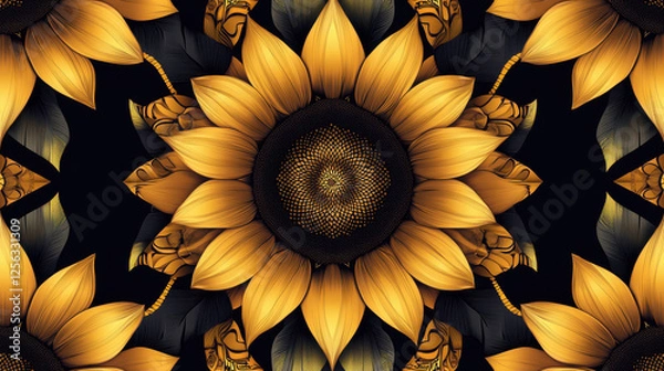 Fototapeta Vibrant Sunflower Pattern With Intricate Details Against a Dark Background Showcasing Artistic Design Elements