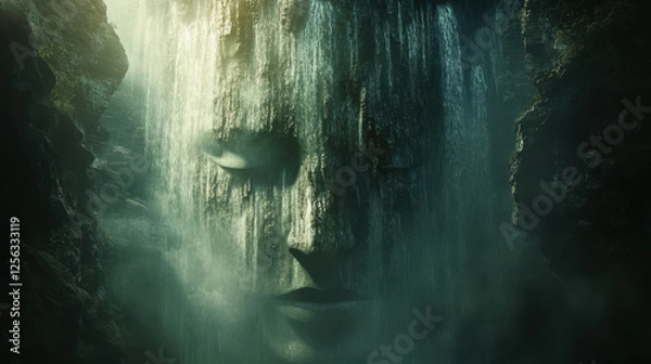 Obraz Mysterious Waterfall Cascading Over a Serene Face Carved Into a Rocky Cliff, Creating an Ethereal Atmosphere in a Secluded Cave