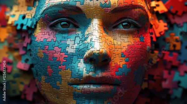 Fototapeta Woman's Face Covered in Vibrant Puzzle Pieces in an Artistic Representation of Complexity and Individuality