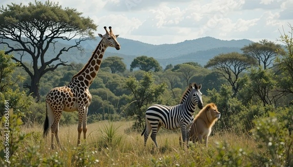 Fototapeta Giraffe, Zebra, and Lion in the Safari - Endangered Species, Exotic Animals, Wildlife Conservation, and Animal Research for Wildlife Protection in Nature-