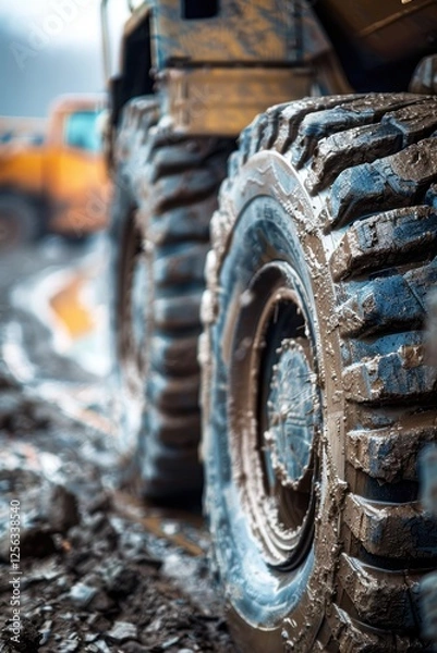 Fototapeta Heavy-Duty Truck Tire on Construction Site for Off-Road Performance and Durability