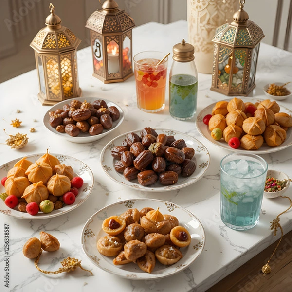 Fototapeta Delicious ramadan sweets festive iftar table setting with dates food warm on transparent background