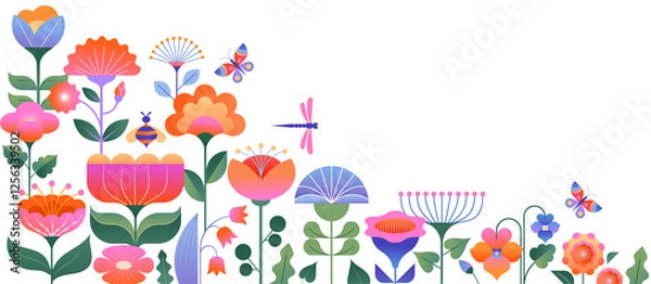 Fototapeta Background and banner decorated with pastel colors blooming flowers and leaves. Spring, Easter, Summer theme with dragonfly, butterfly and bee. Flat folk geometric style.