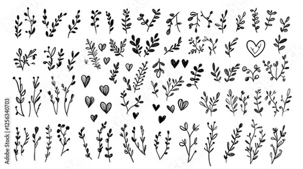 Fototapeta Delicate hand drawn flowers and hearts scattered across pristine white surface, evoking romantic mood perfect for wedding stationery and greeting card design