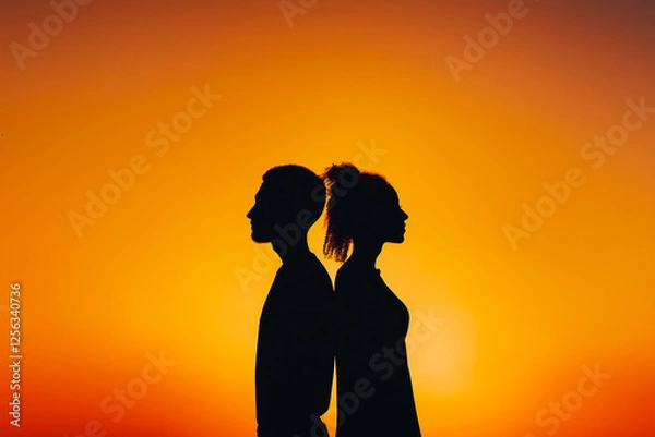 Fototapeta Silhouette of African American couple standing back to back against vibrant sunset sky, symbolizing unity, romance, and Valentine's Day themes, with a warm, tranquil ambience