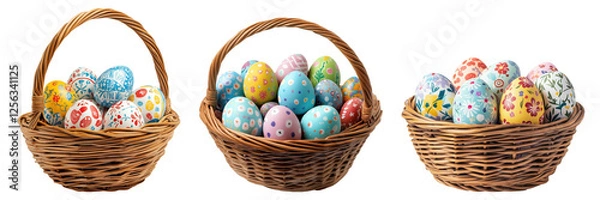 Fototapeta Set of a basket full of Easter eggs in pastel colorful color with cute pattern on transparent background.