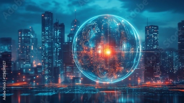 Fototapeta Futuristic Cityscape with Holographic Globe