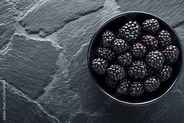 Fototapeta Fresh blackberries in a bowl placed on a dark slate surface showcasing their rich color and texture. Generative AI
