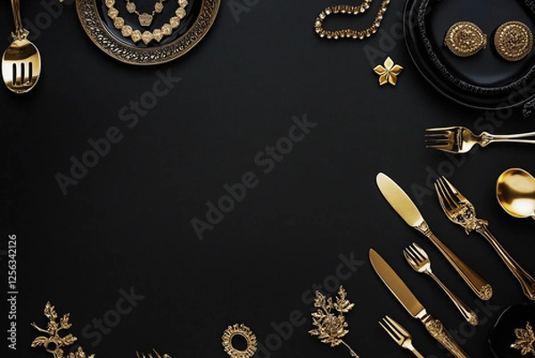 Fototapeta Elegant assortment of gold cutlery and decorative items on a black surface for a luxurious dining experience. Generative AI