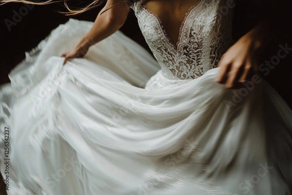 Fototapeta Elegant bride twirling in a flowing wedding gown during an indoor celebration amidst soft lighting. Generative AI