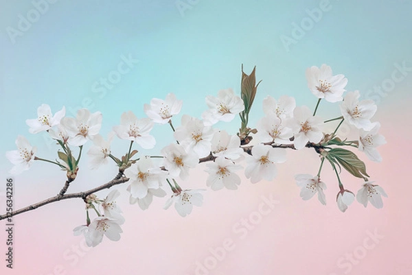 Fototapeta White cherry blossom branch against a pastel background during springtime bloom. Generative AI