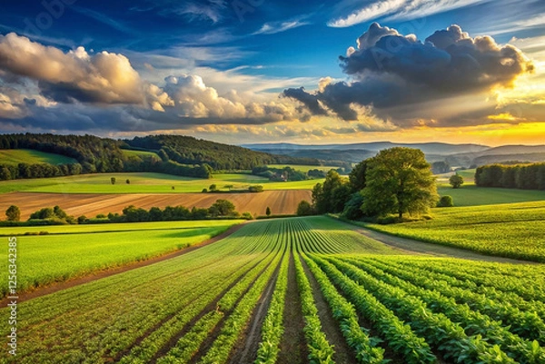 Obraz Sunset farmland rows, hilly landscape, dramatic clouds, agriculture