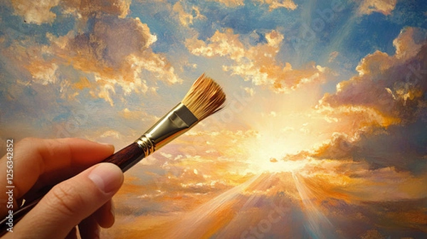 Fototapeta Hand holds a paintbrush against a vibrant sunset with colorful clouds and radiant sunlight illuminating the sky. Generative AI