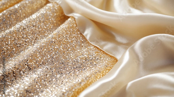 Fototapeta Shimmering golden fabric draped elegantly with soft silk and glittering embellishments. Generative AI
