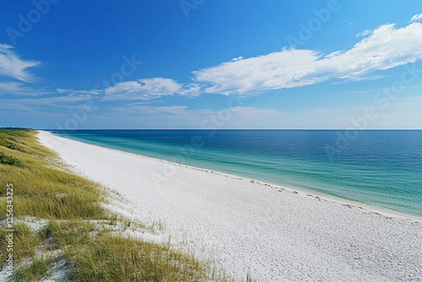 Fototapeta Serene beach landscape under clear blue sky with gentle waves and white sandy shore. Generative AI