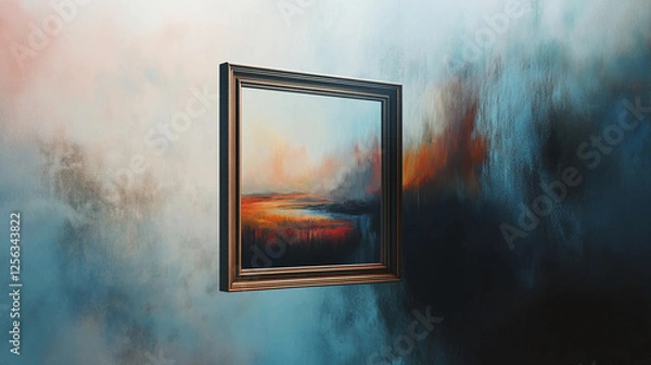 Fototapeta Colorful abstract landscape painting framed against a vibrant background in an artistic setting. Generative AI