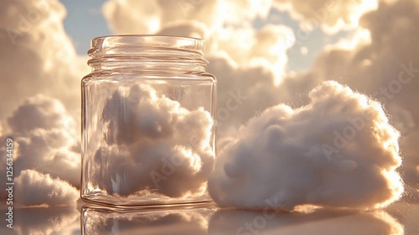 Fototapeta Capturing clouds in a jar during golden hour with warm sunlight illuminating soft textures. Generative AI