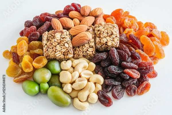 Fototapeta Colorful assortment of nuts and dried fruits arranged on a clean surface for a healthy snack option. Generative AI