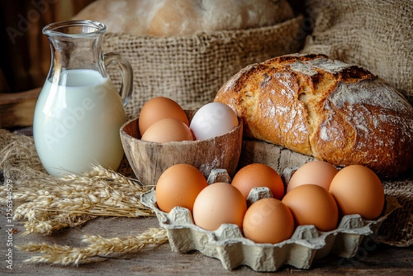 Fototapeta Freshly gathered eggs, milk, and bread arranged attractively on a rustic wooden table with grain nearby. Generative AI