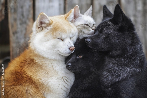 Fototapeta Four adorable dogs and cats cuddle together in a cozy arrangement outdoors during a serene afternoon. Generative AI