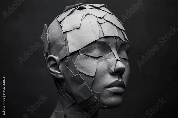 Obraz Unique artistic portrait featuring a head covered in textured paper layers against a dark backdrop. Generative AI
