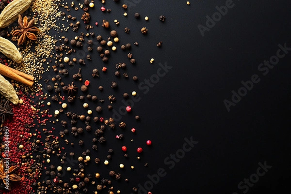 Fototapeta Diverse array of spices and herbs carefully arranged on a dark surface for culinary use or display in a kitchen. Generative AI