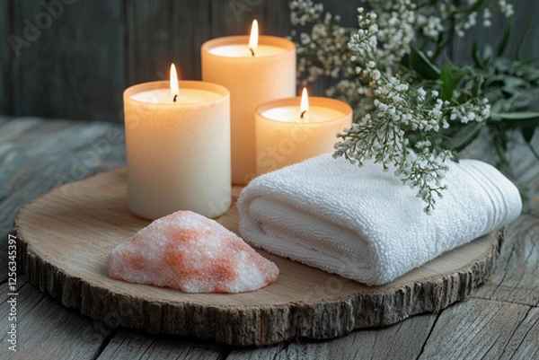 Fototapeta Spa relaxation setup with candles, towel, and salt on a rustic wooden surface. Generative AI