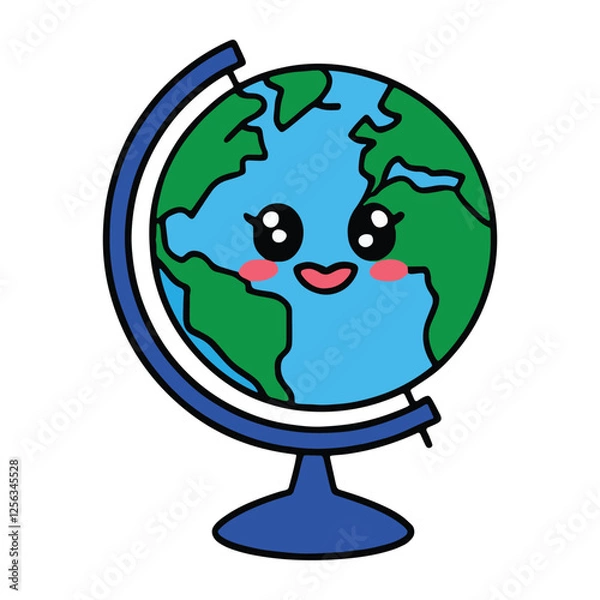Fototapeta Cartoon globe model vector illustration. A cute and colorful globe on a stand, isolated on a white background. Ideal for educational themes, travel designs, and icons.