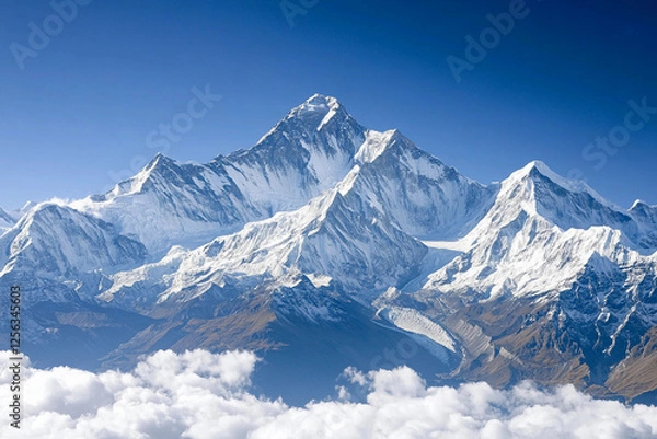 Fototapeta Majestic snow-capped peaks of the Himalayas rise under a clear blue sky in a breathtaking mountain landscape. Generative AI