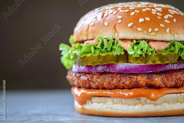 Fototapeta Juicy chicken sandwich with fresh toppings and flavorful sauce on a sesame seed bun. Generative AI