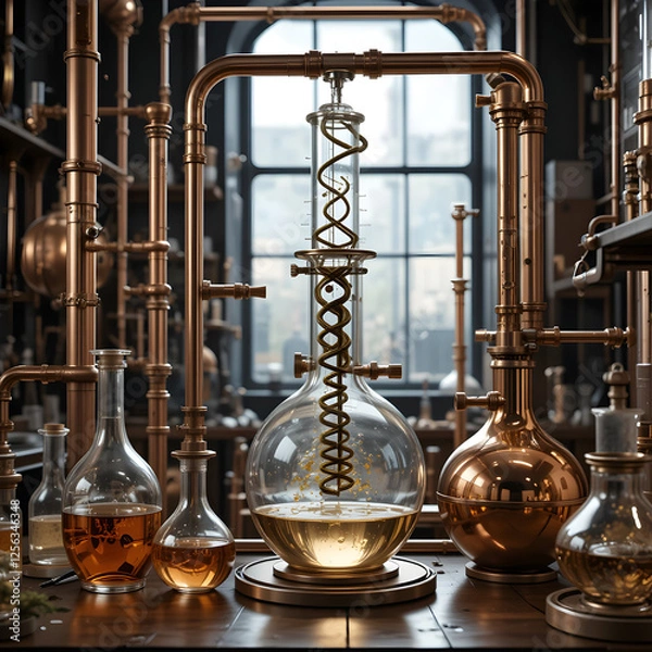 Fototapeta Vintage steampunk alchemy laboratory still with golden liquid 3d art dark on transparent background